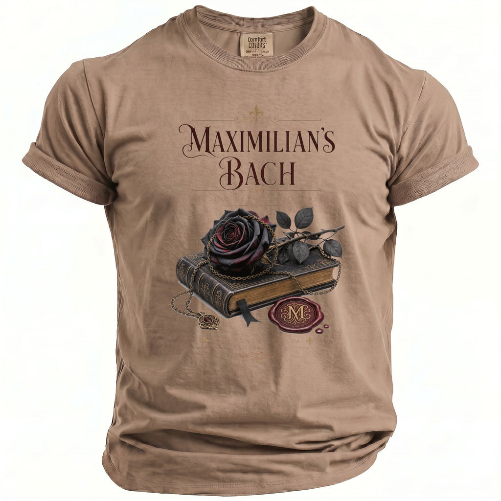 T-shirt with "Maximilian's Bach" text, a black rose, book, chain, and wax seal.