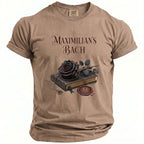 T-shirt with "Maximilian's Bach" text, a black rose, book, chain, and wax seal.