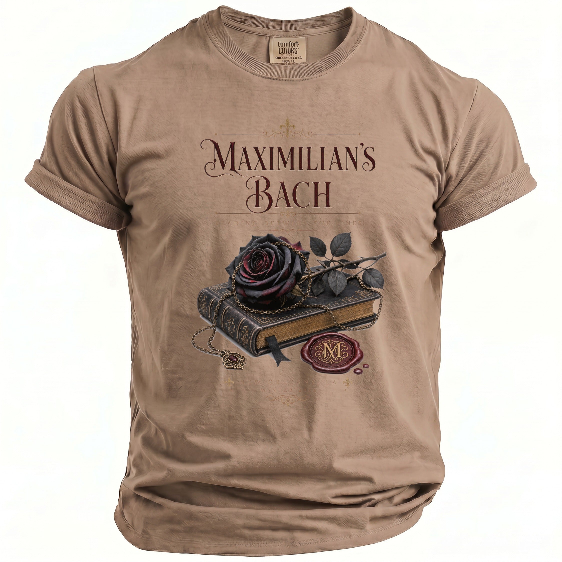 T-shirt with "Maximilian's Bach" text, a black rose, book, chain, and wax seal.