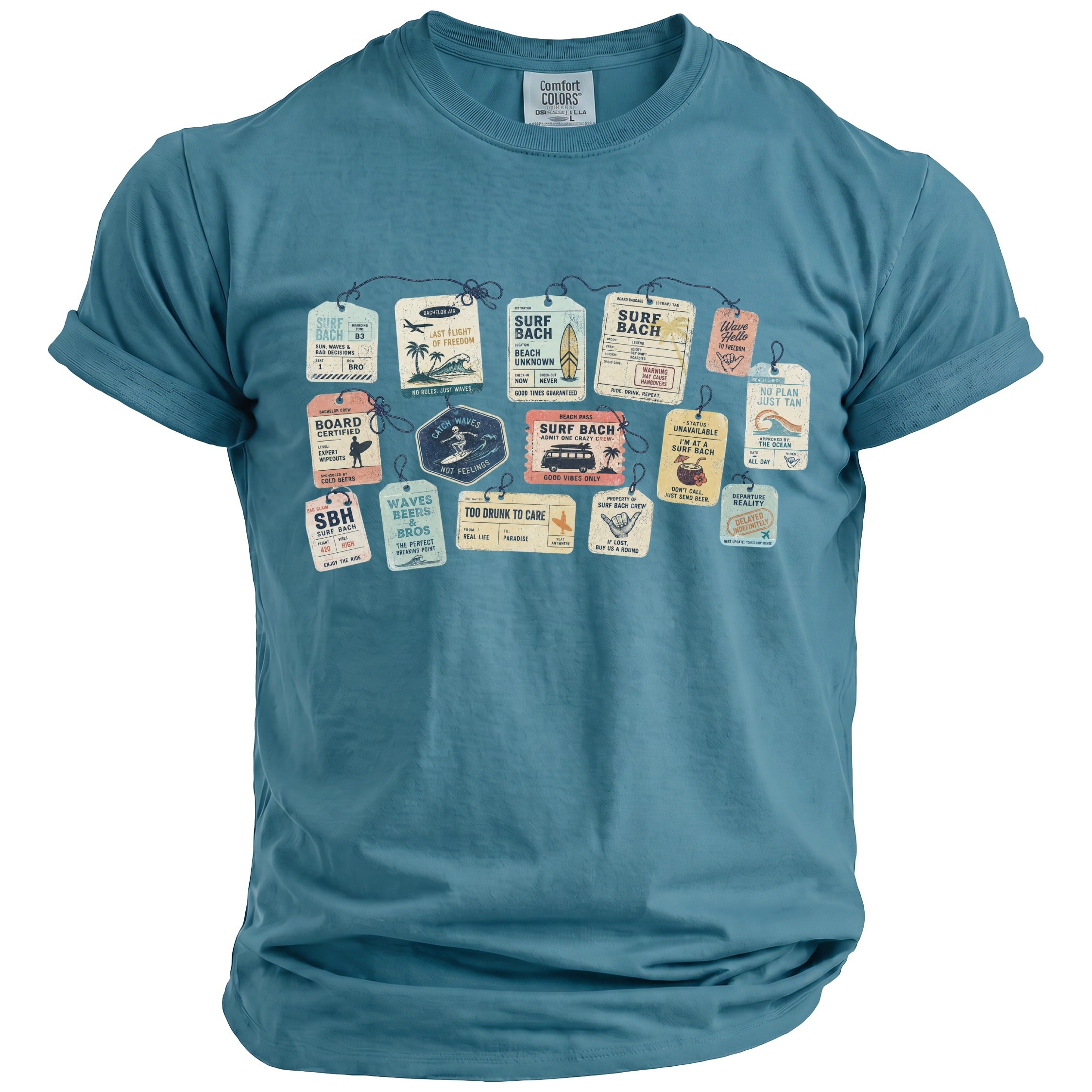 Teal t-shirt with a graphic of various luggage tags with surf-themed text and images.