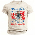 T-shirt with "Mike's Bach The Final Countdown" and groom running with bomb and tequila.