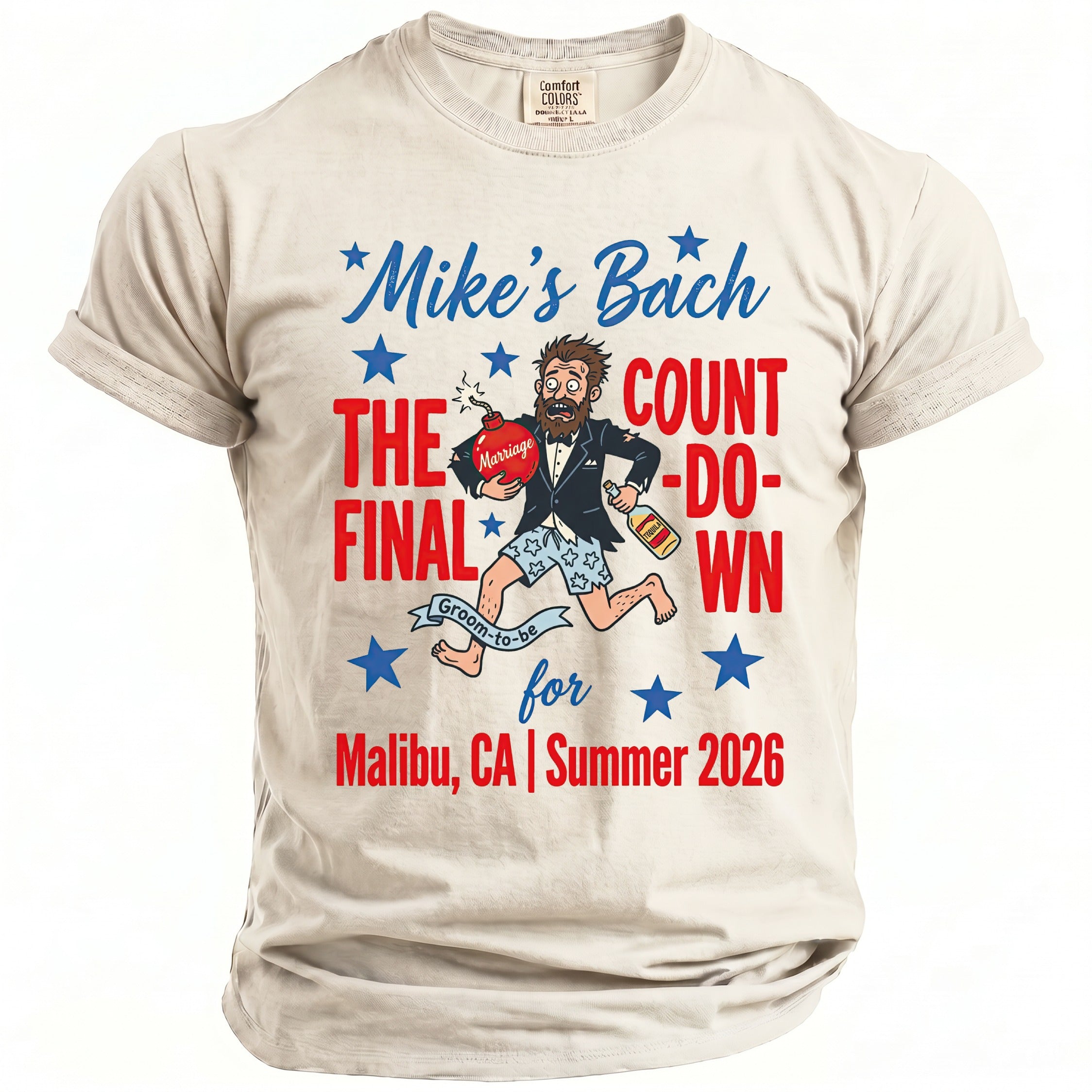 T-shirt with "Mike's Bach The Final Countdown" and groom running with bomb and tequila.