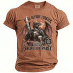 Brown t-shirt with dragon graphic, sword, beer, and bachelor party text.