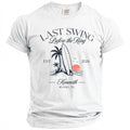 White t-shirt with "Last Swing Before the Ring" text and beach graphic.