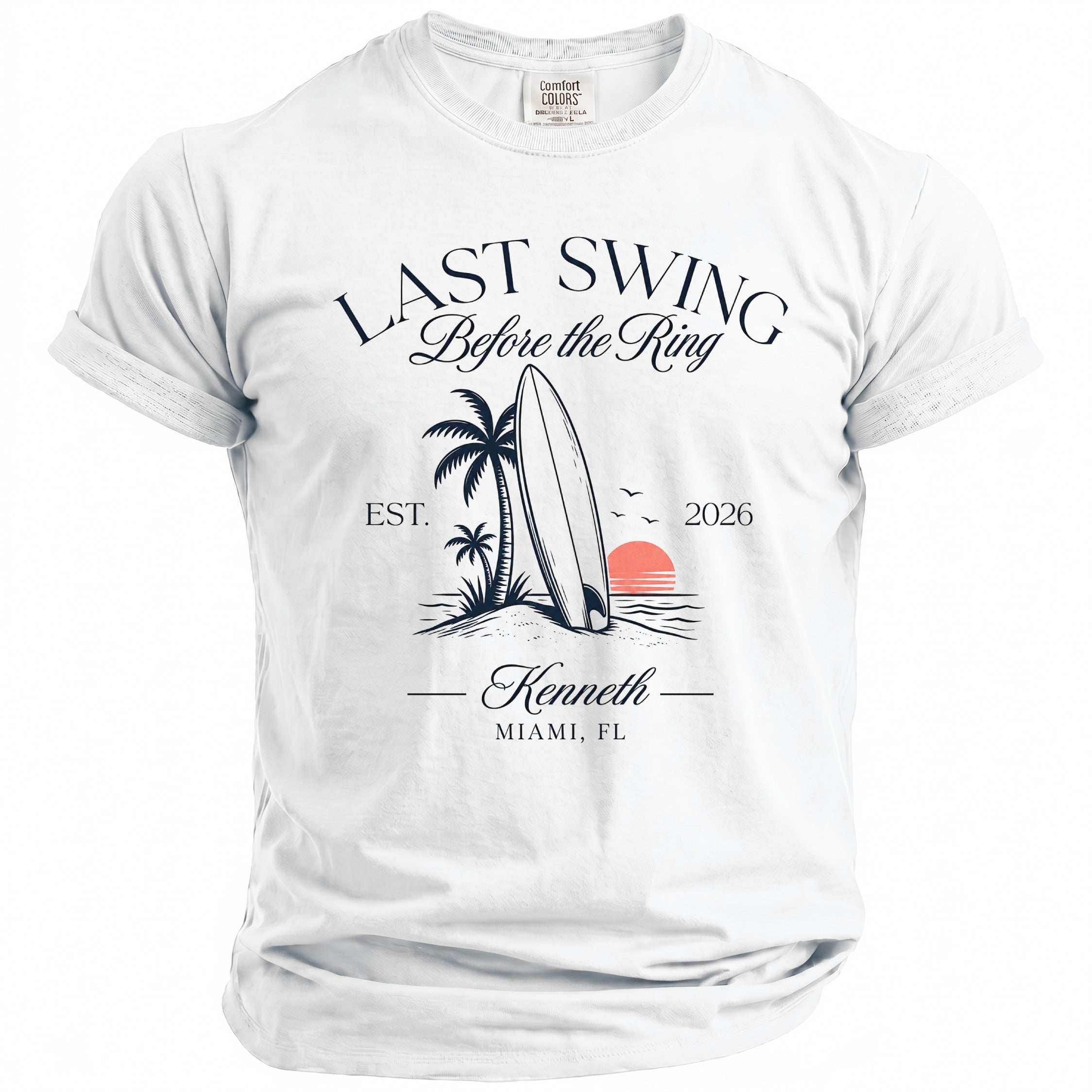 White t-shirt with "Last Swing Before the Ring" text and beach graphic.