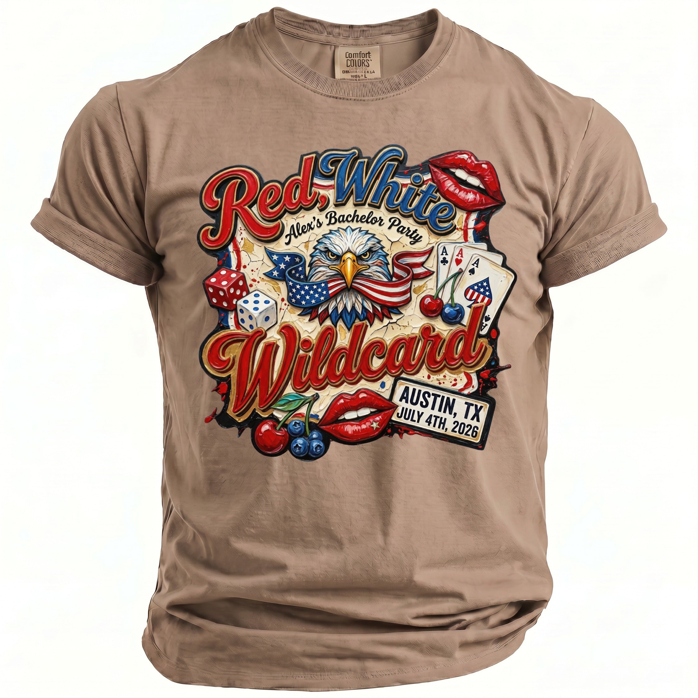 T-shirt with Red White Wildcard graphic featuring an eagle, lips, dice, and cards.
