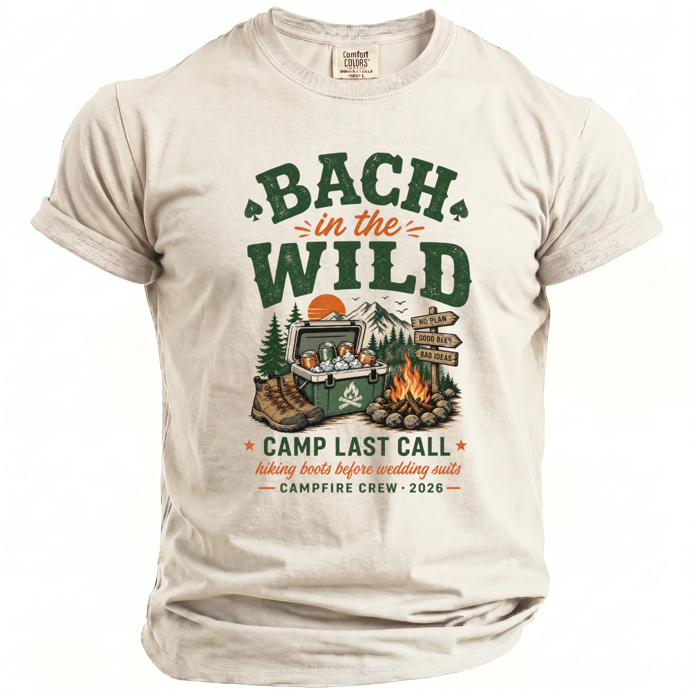 T-shirt with "Bach in the Wild" design, cooler, boots, campfire, and text.