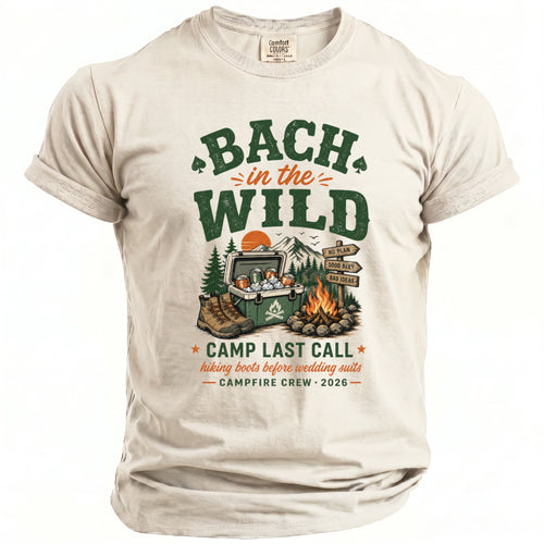 T-shirt with "Bach in the Wild" design, cooler, boots, campfire, and text.