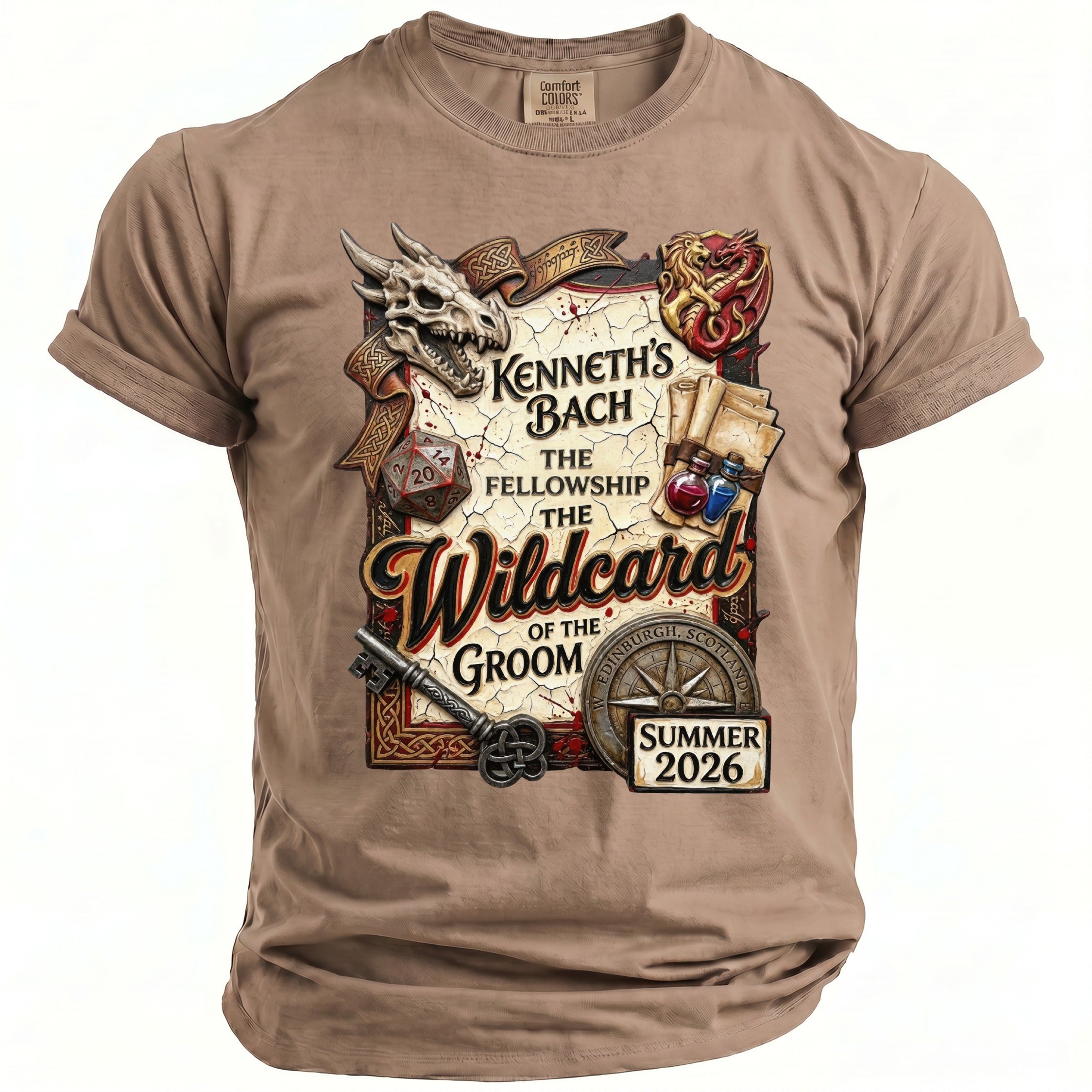 T-shirt with "Kenneth's Bach, The Fellowship, The Wildcard of the Groom, Summer 2026" design.