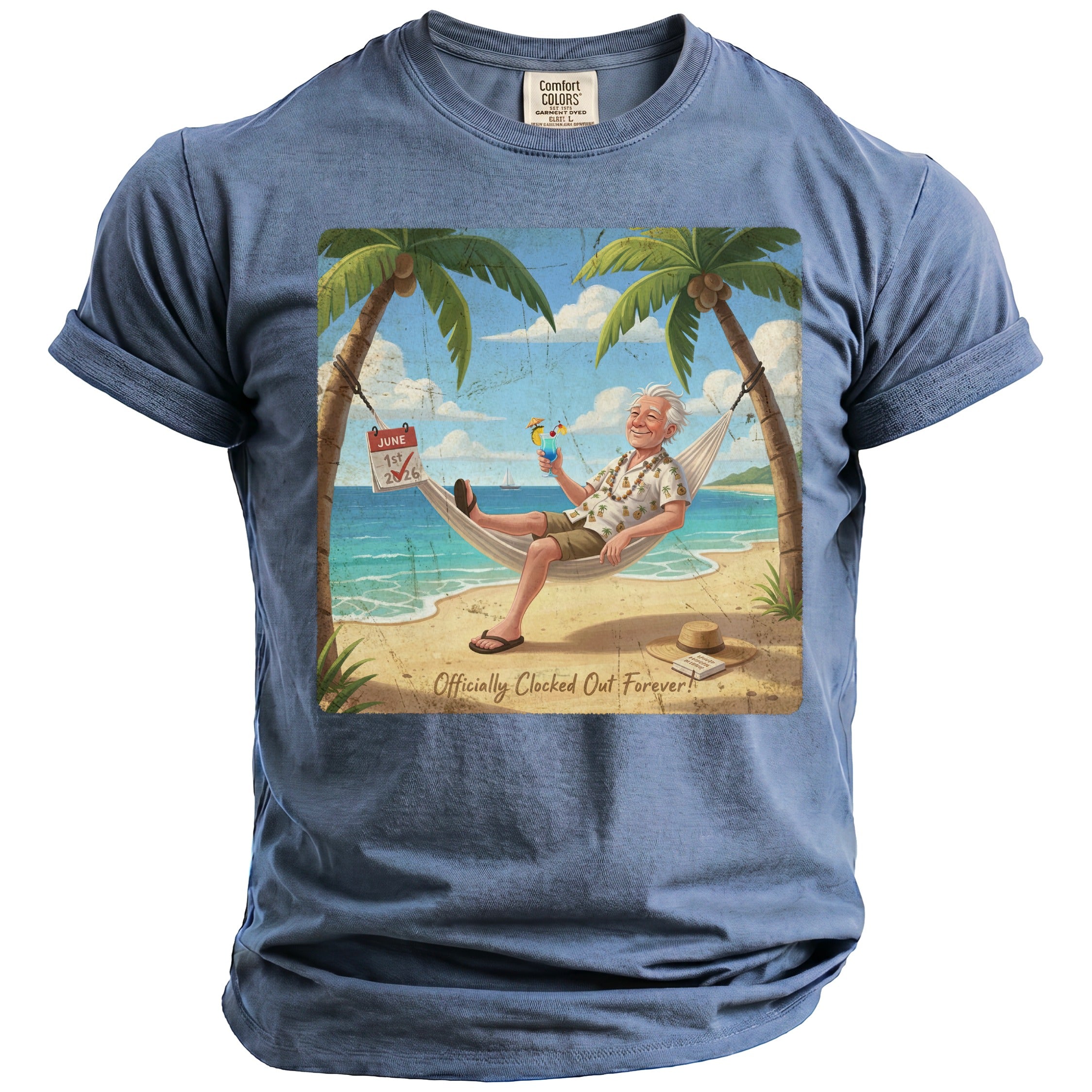 T-shirt with a vintage illustration of a man relaxing in a hammock on a beach.