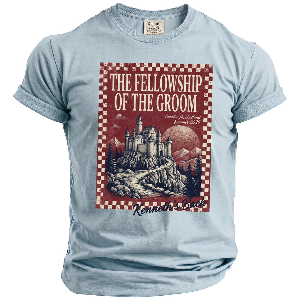 T-shirt with "The Fellowship of the Groom" castle graphic, Edinburgh Summer 2026.