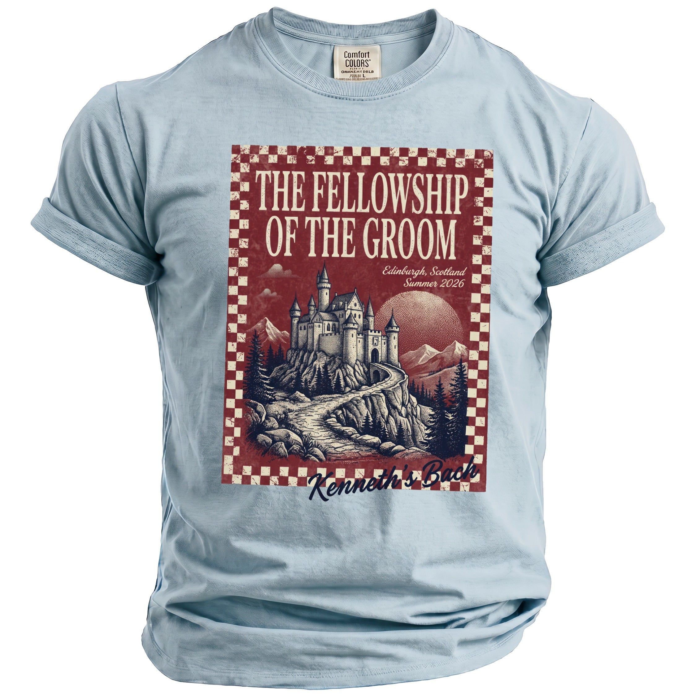 T-shirt with "The Fellowship of the Groom" castle graphic, Edinburgh Summer 2026.