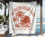 Bachelor Beach Club groom's last wave 2026 design on white fabric.