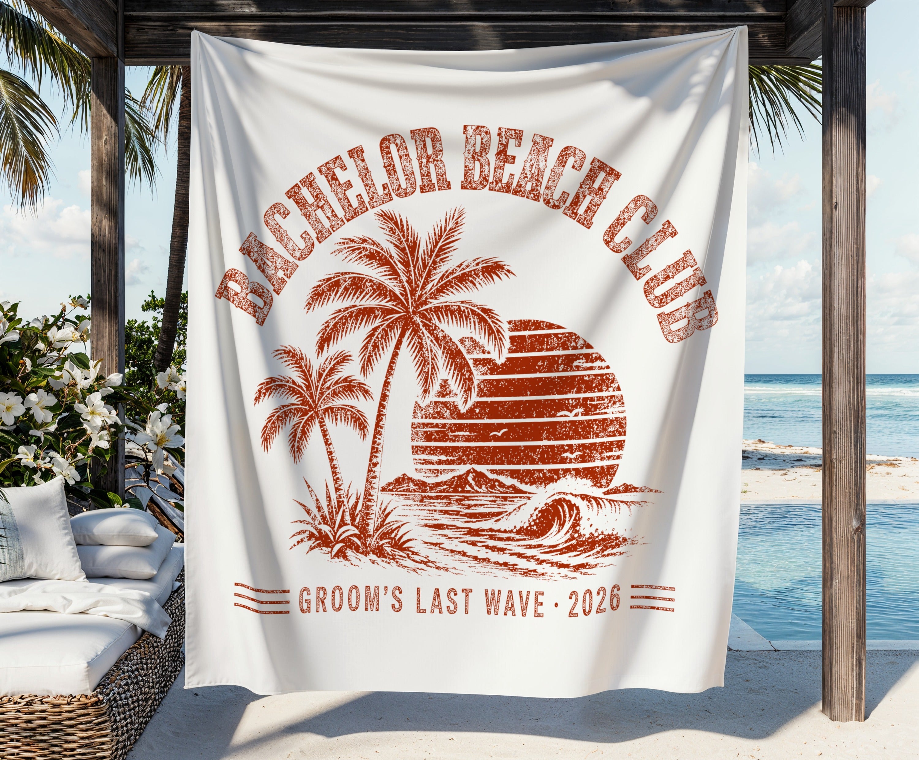 Bachelor Beach Club groom's last wave 2026 design on white fabric.