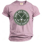 Mauve t-shirt with "Same Hole Forever Bachelor Golf Weekend 2026" graphic.