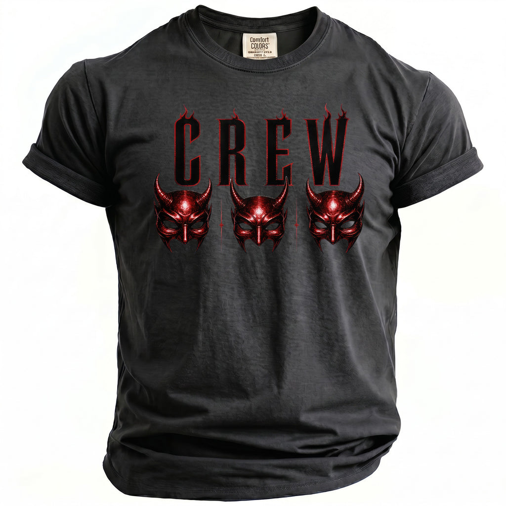 Dark grey t-shirt with red "CREW" text and three red devil masks.