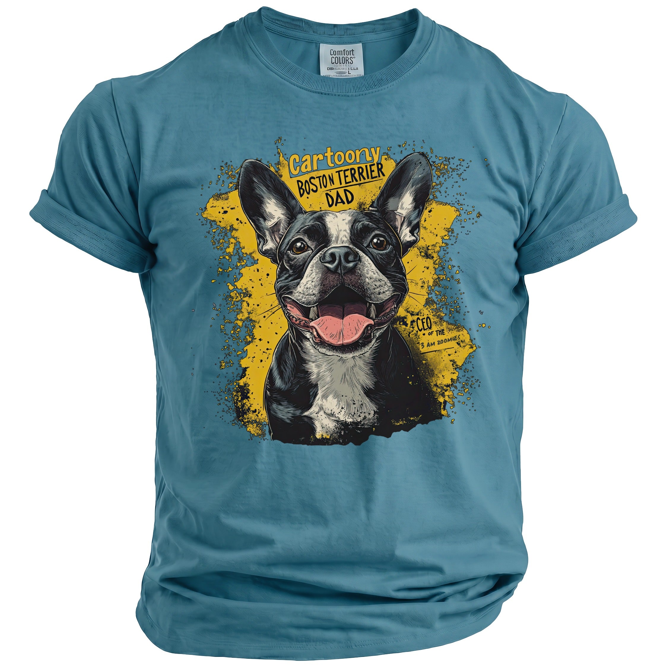 Boston Terrier Dad design on a teal t-shirt with cartoon dog and yellow splatter.
