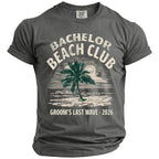T-shirt with "Bachelor Beach Club Groom's Last Wave 2026" text and palm tree graphic.