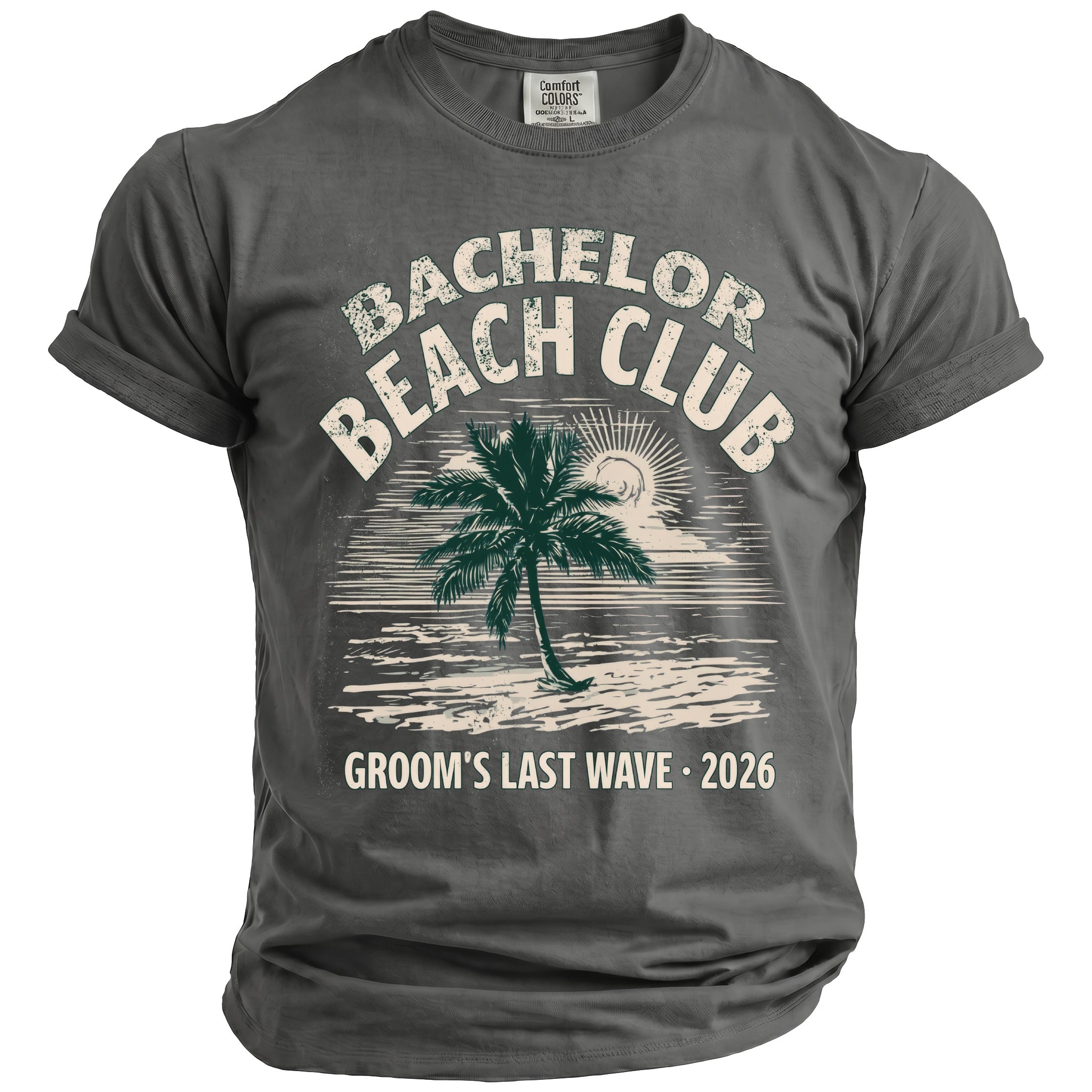 T-shirt with "Bachelor Beach Club Groom's Last Wave 2026" text and palm tree graphic.
