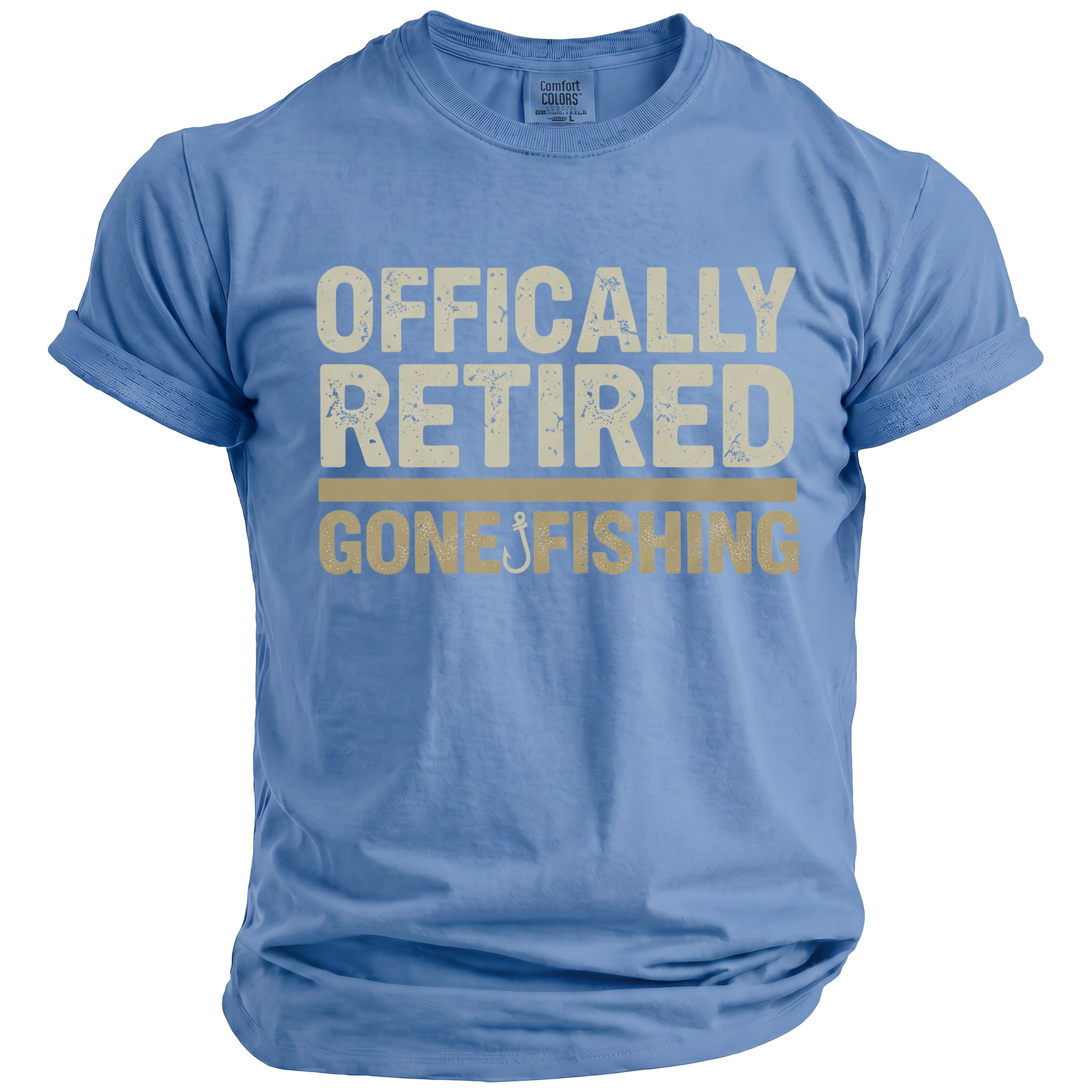 Light blue t-shirt with "OFFICALLY RETIRED GONE FISHING" text and fishing hook.