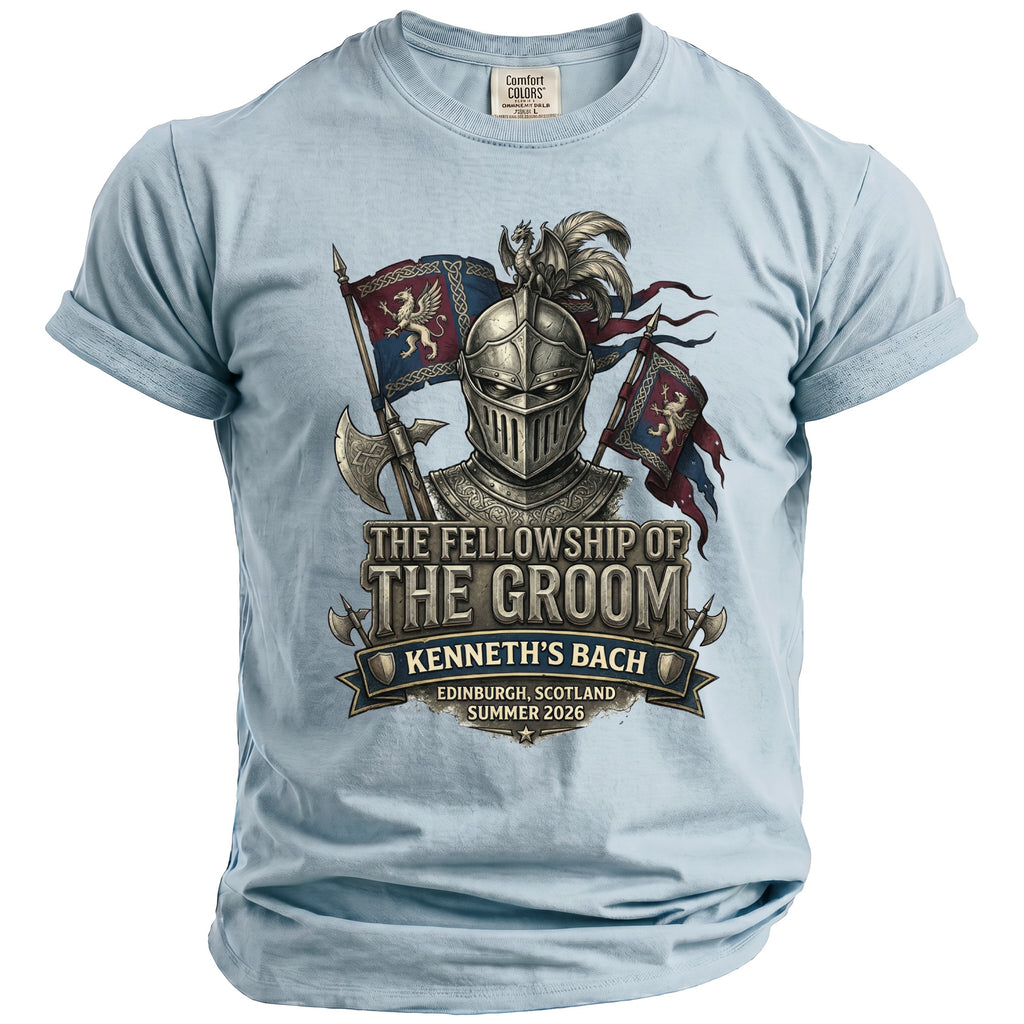 Light blue shirt featuring medieval knight graphic and text "The Fellowship of The Groom Kenneth's Bach".