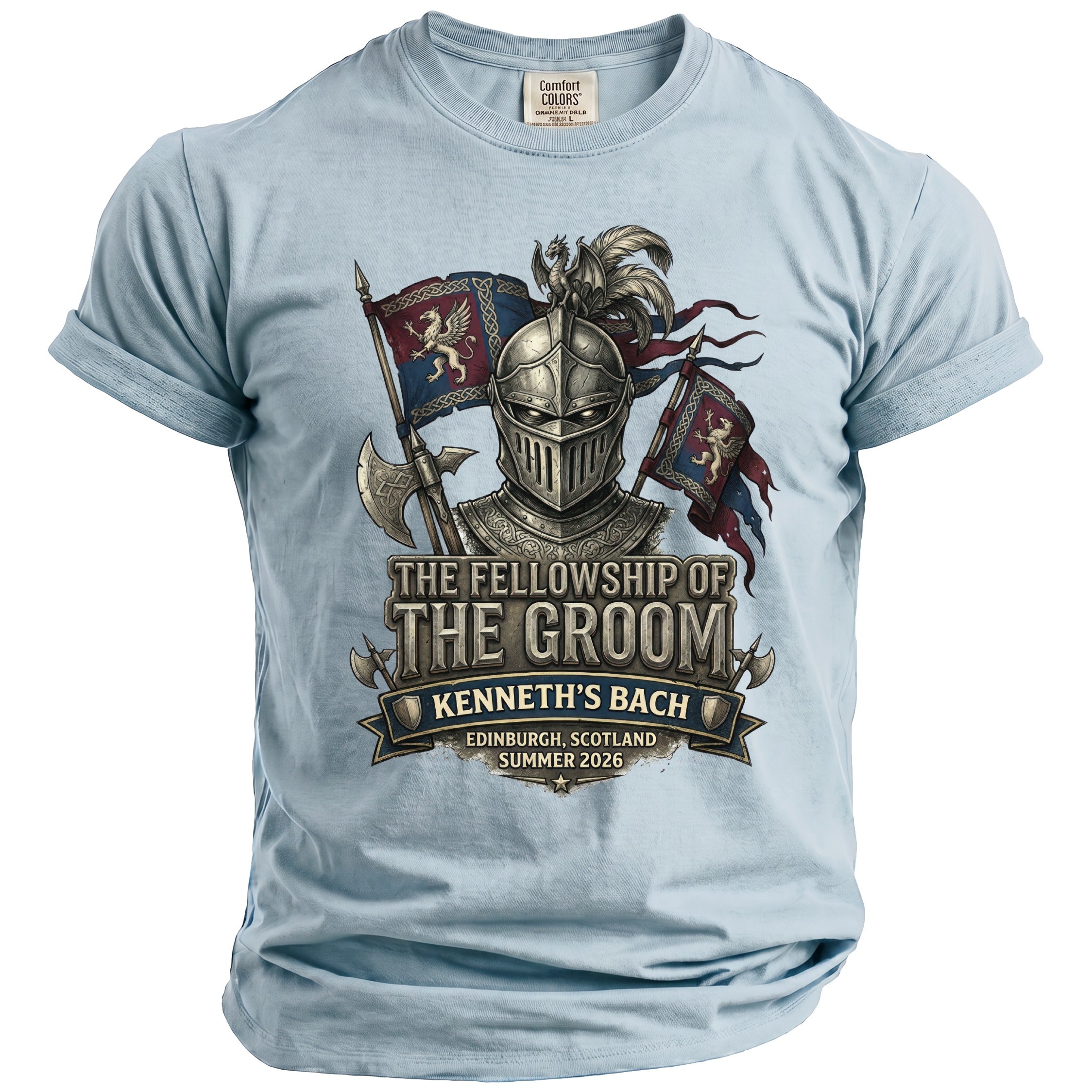 Light blue shirt featuring medieval knight graphic and text "The Fellowship of The Groom Kenneth's Bach".