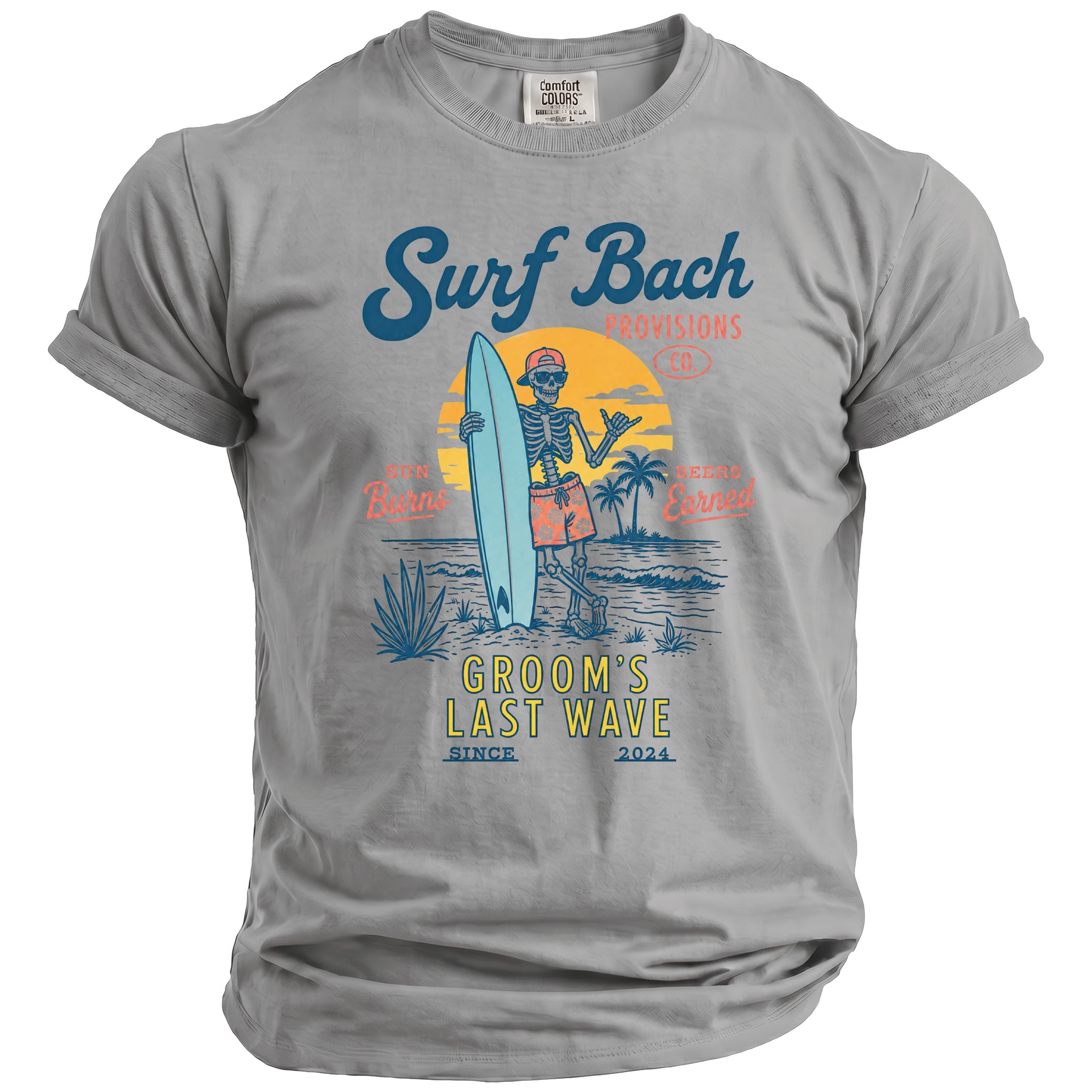 Grey t-shirt with "Surf Bach Provisions Co. Groom's Last Wave Since 2024" graphic.
