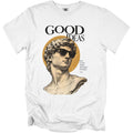 White t-shirt with a bust of David wearing sunglasses and text "GOOD IDEAS".