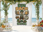 Tapestry with cartoon man in lederhosen holding beer mugs, Oktoberfest text.