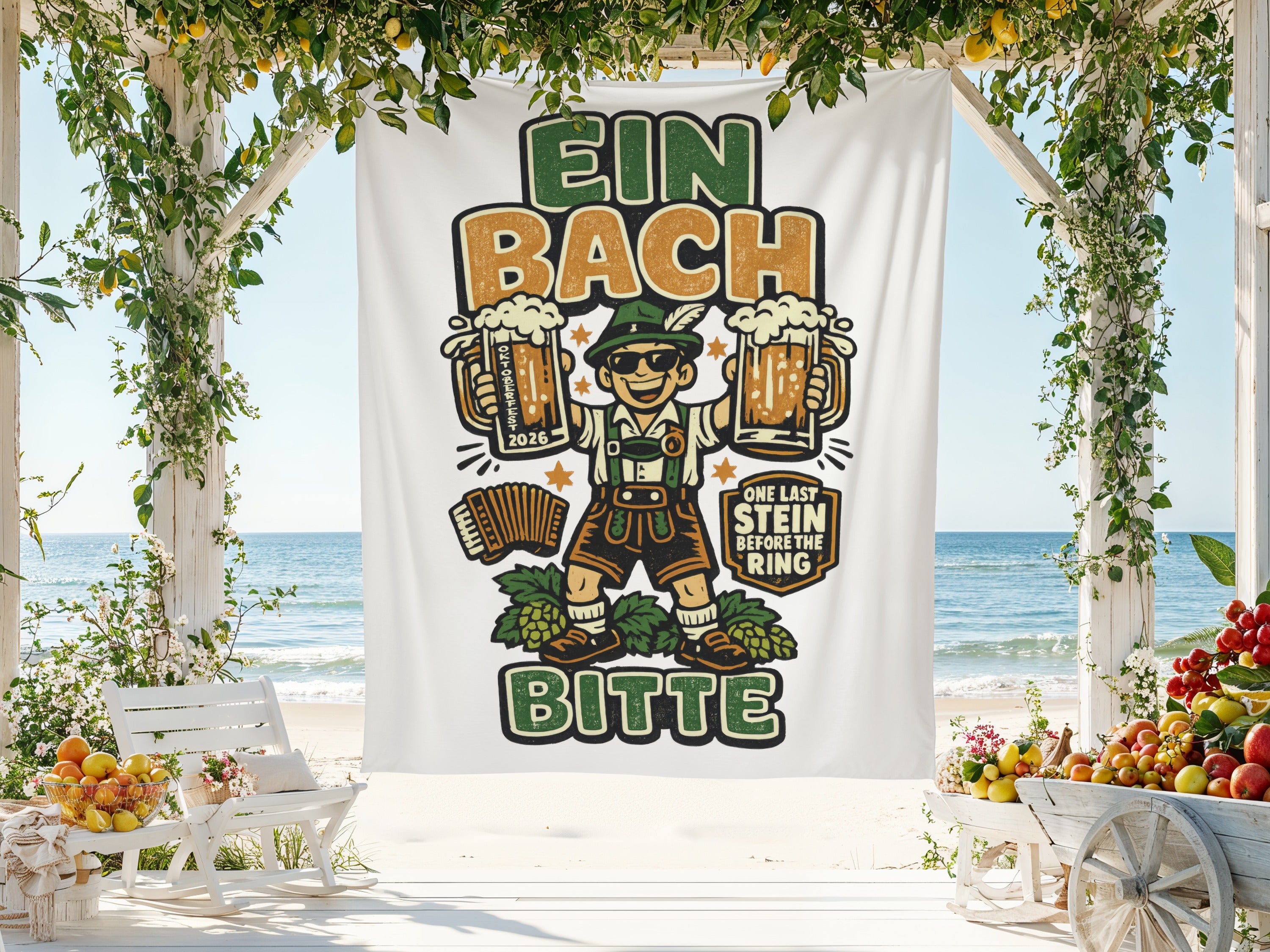 Tapestry with cartoon man in lederhosen holding beer mugs, Oktoberfest text.