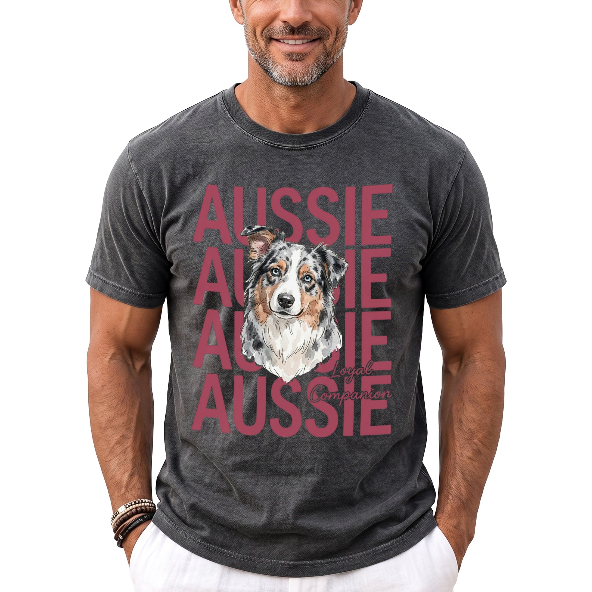 Dark grey t-shirt with repeated "Aussie" text and a portrait of an Australian Shepherd.