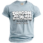 Light blue t-shirt with "Dragon My Ass To The Altar" graphic and "Bachelor Party" details.