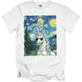 White t-shirt with Van Gogh-style unicorn, UFO, and sunglasses graphic.