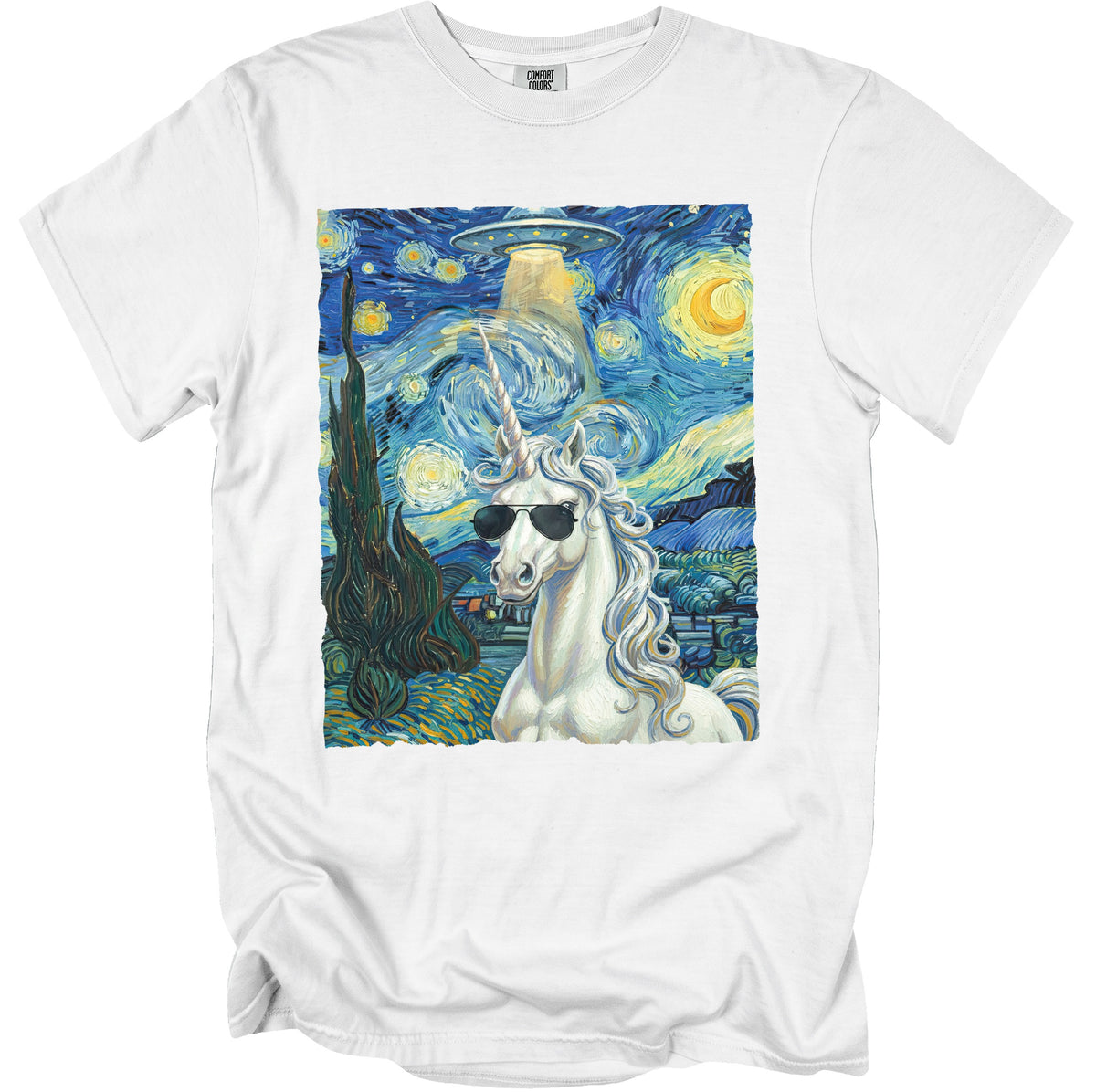 White t-shirt with Van Gogh-style unicorn, UFO, and sunglasses graphic.