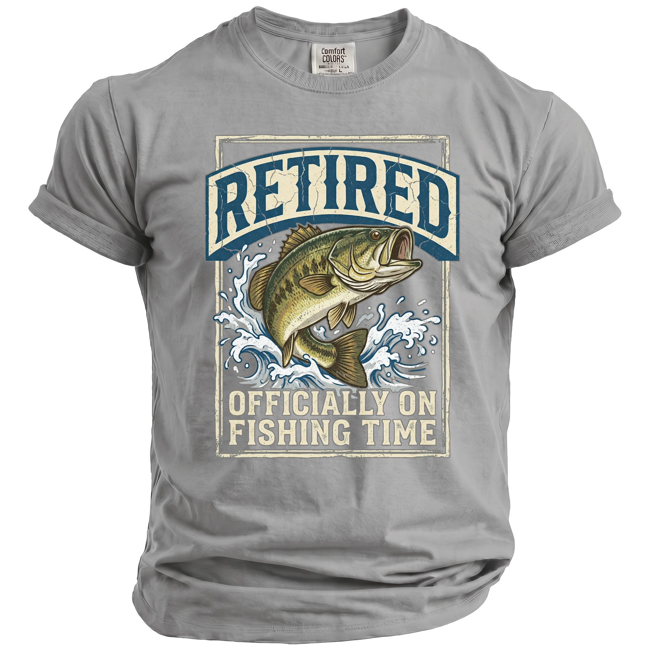 T-shirt with a bass fish jumping from water, "Retired" and "Officially on Fishing Time" text.