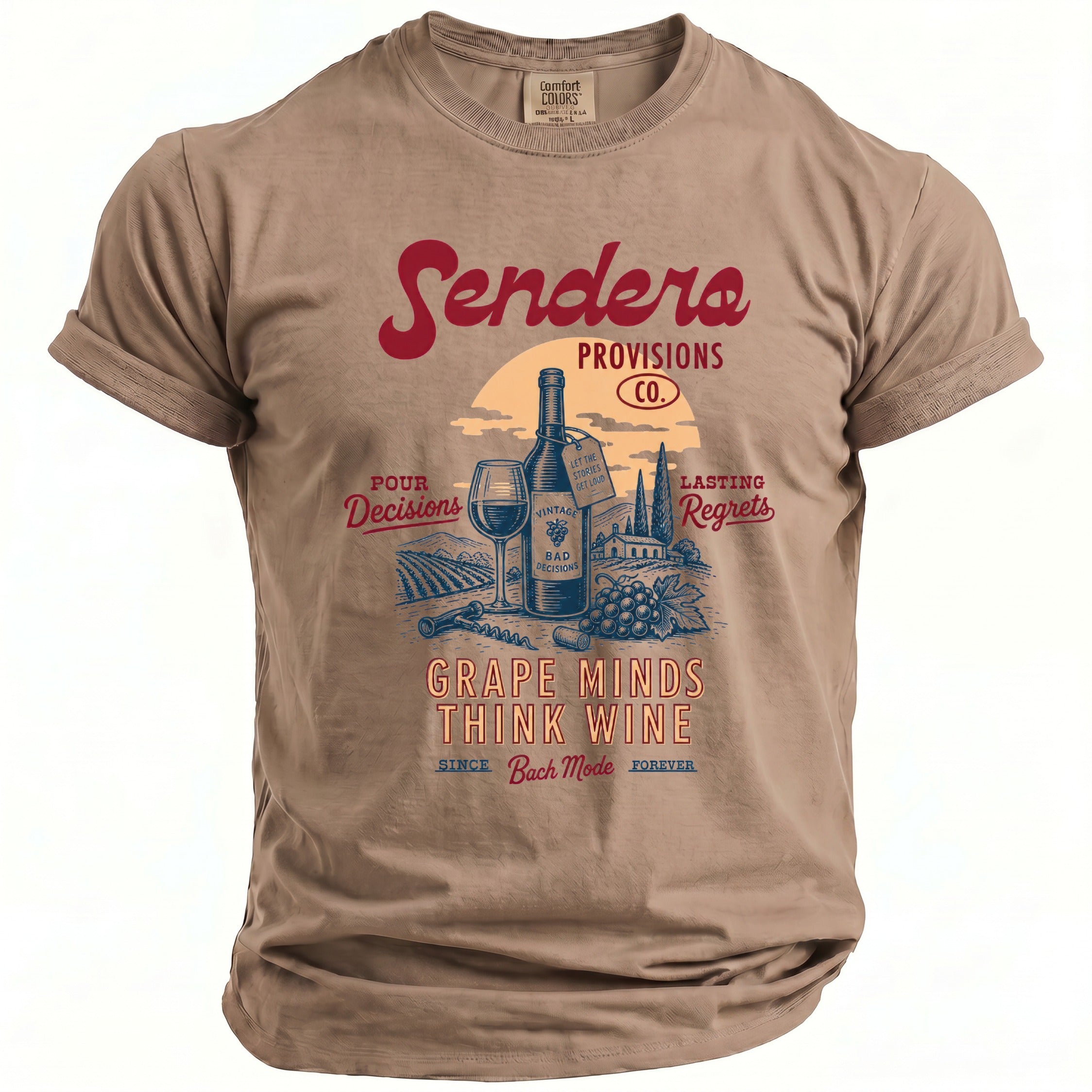 T-shirt with vintage wine scene and text "Grape Minds Think Wine".