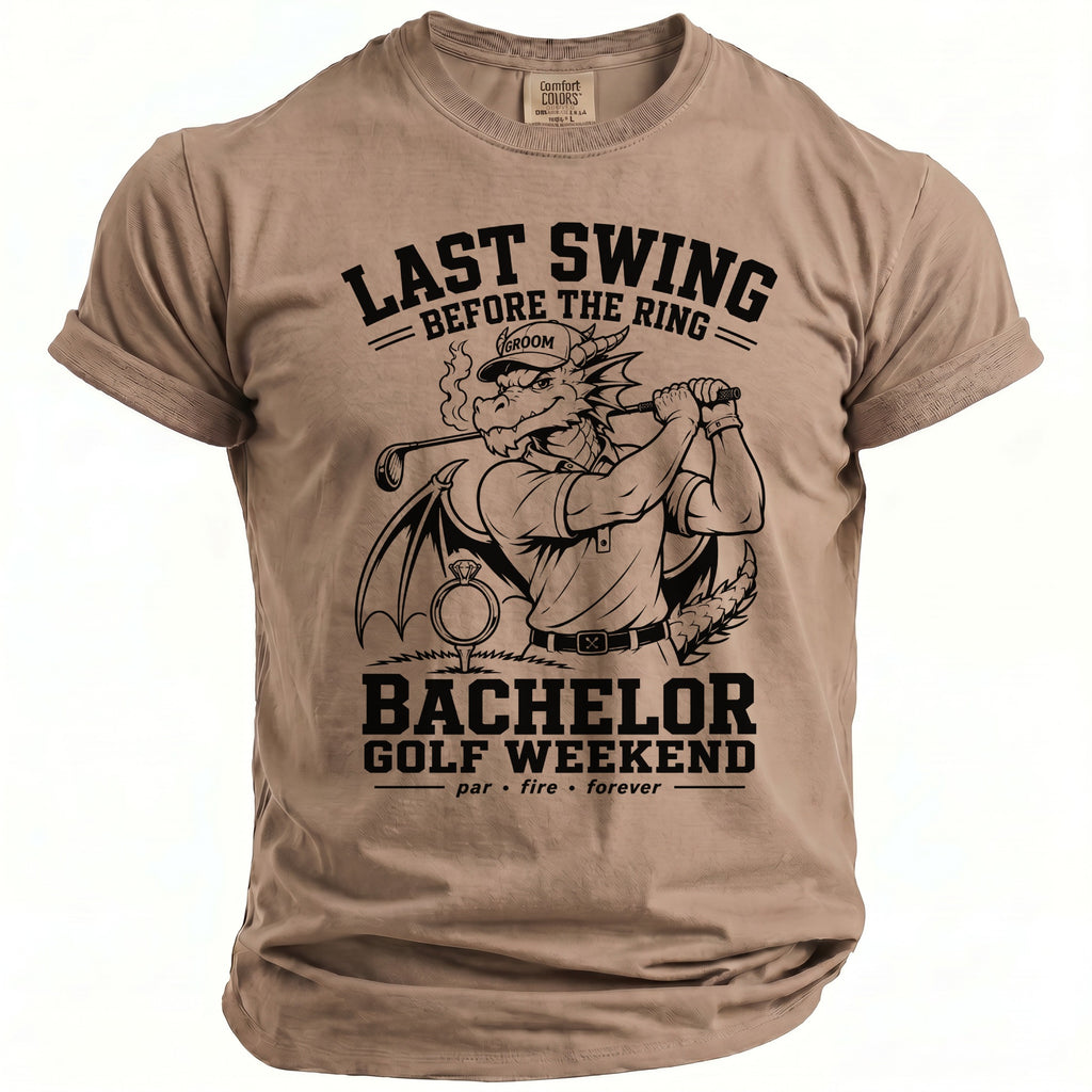 T-shirt with graphic of a dragon golfer with text "Last Swing Before The Ring" and "Bachelor Golf Weekend".