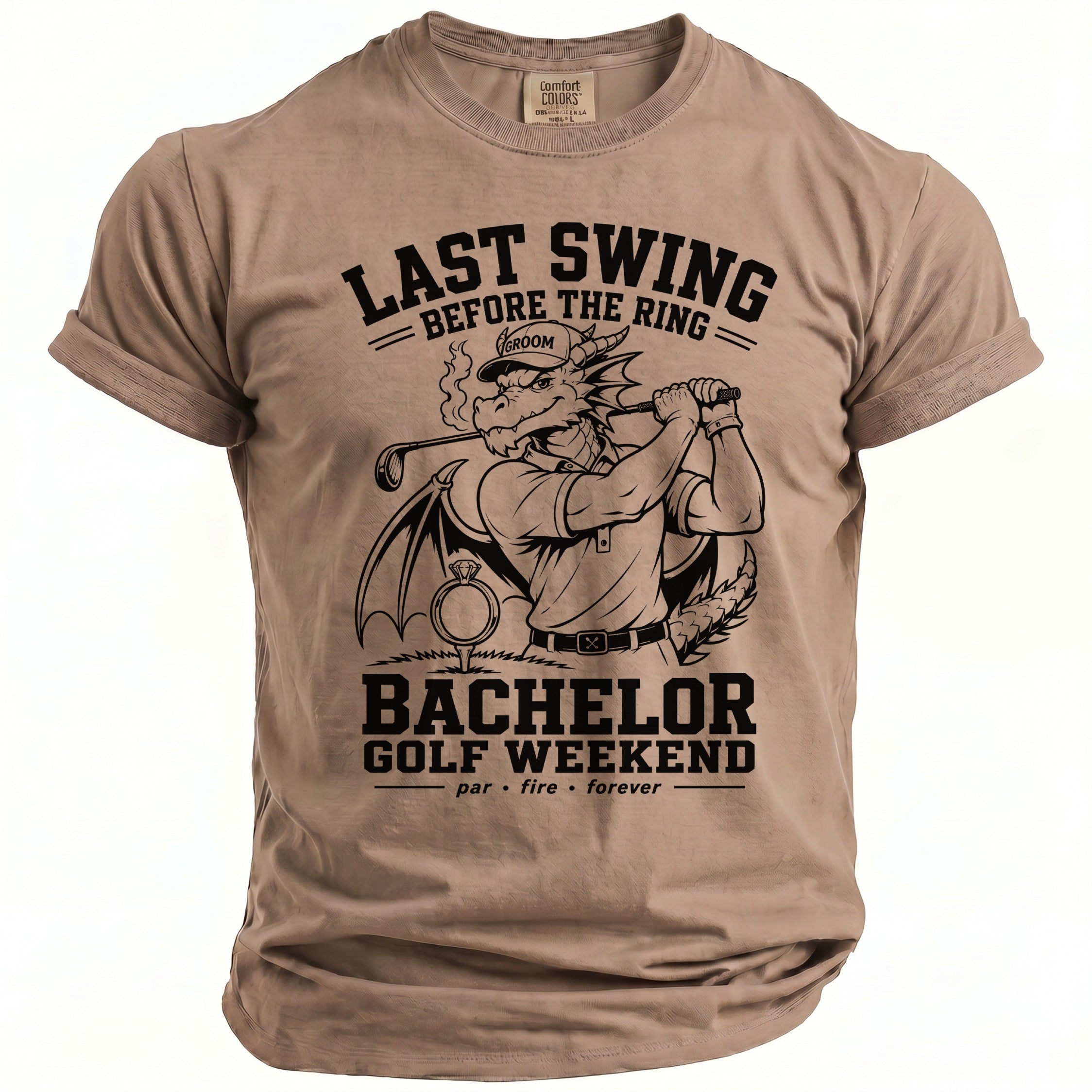 T-shirt with graphic of a dragon golfer with text "Last Swing Before The Ring" and "Bachelor Golf Weekend".