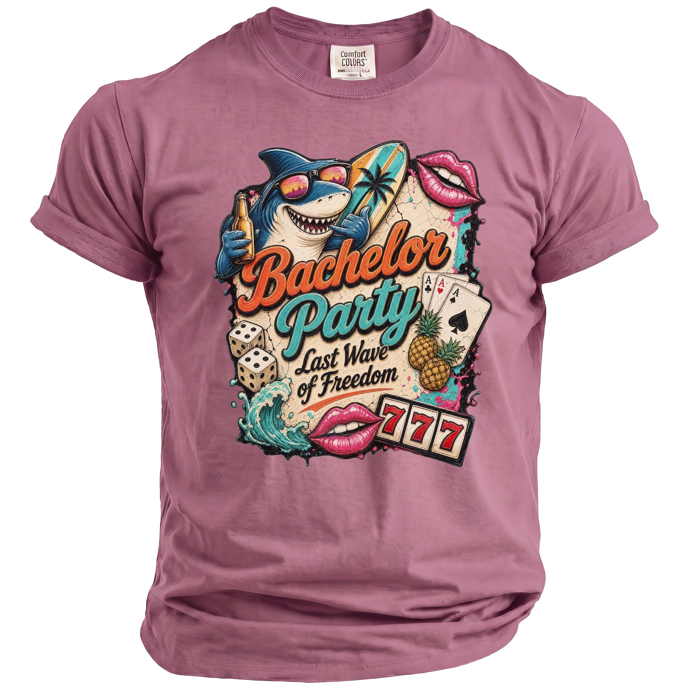 T-shirt with a graphic featuring a shark, surfboard, dice, cards, and text "Bachelor Party Last Wave of Freedom".