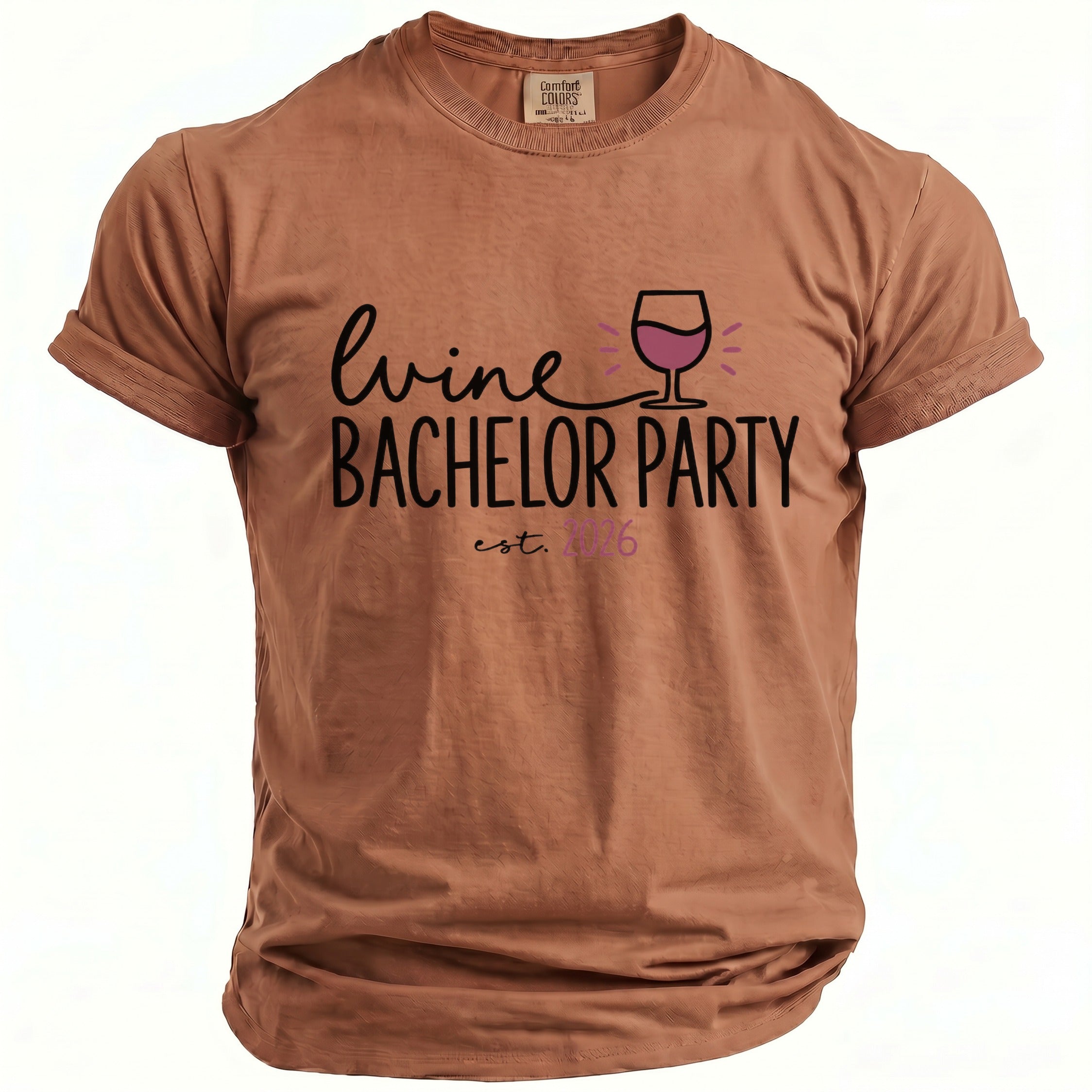 Brown t-shirt with "Wine Bachelor Party est. 2026" text and wine glass graphic.