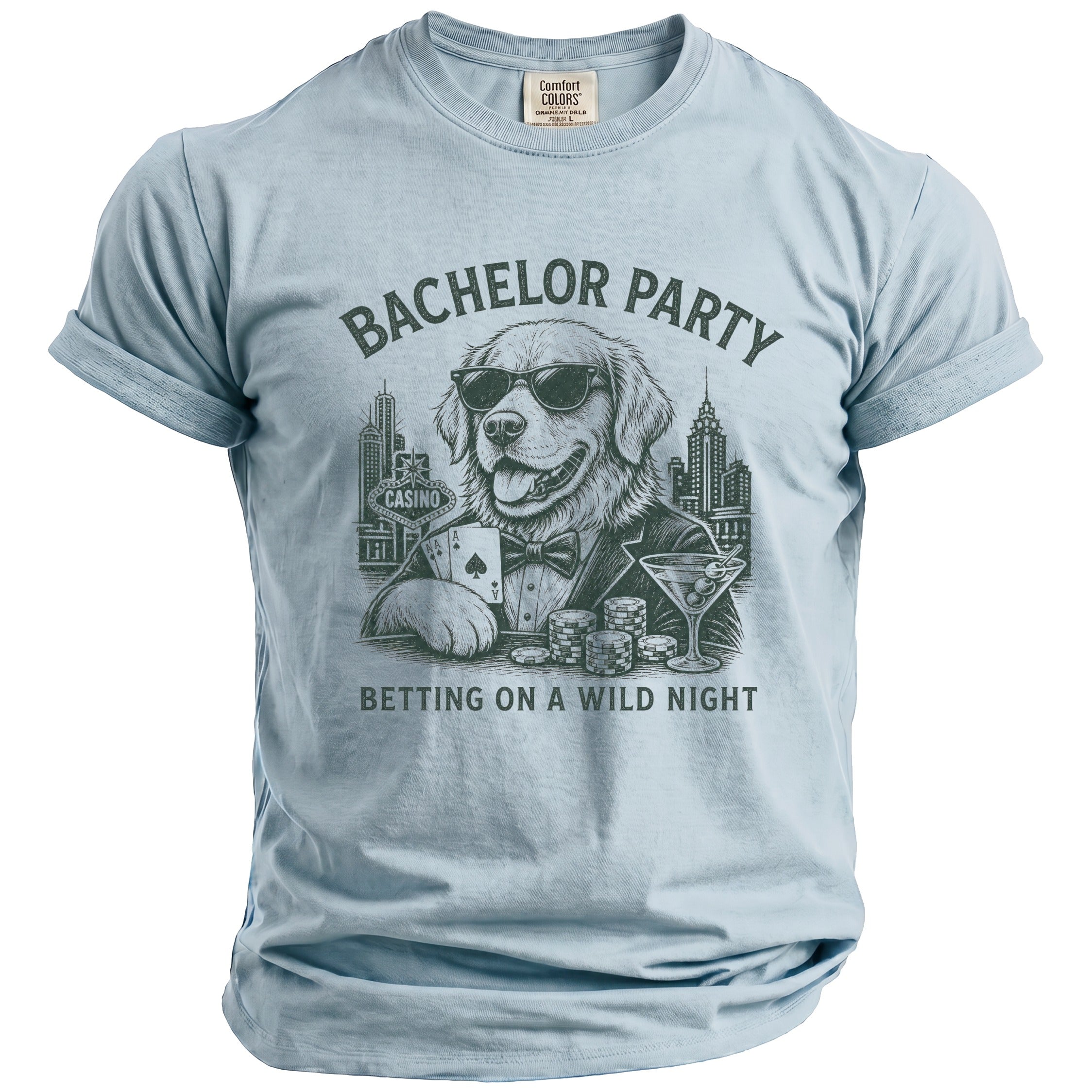 Light blue t-shirt with graphic of a dog playing poker, text reads "BACHELOR PARTY BETTING ON A WILD NIGHT".