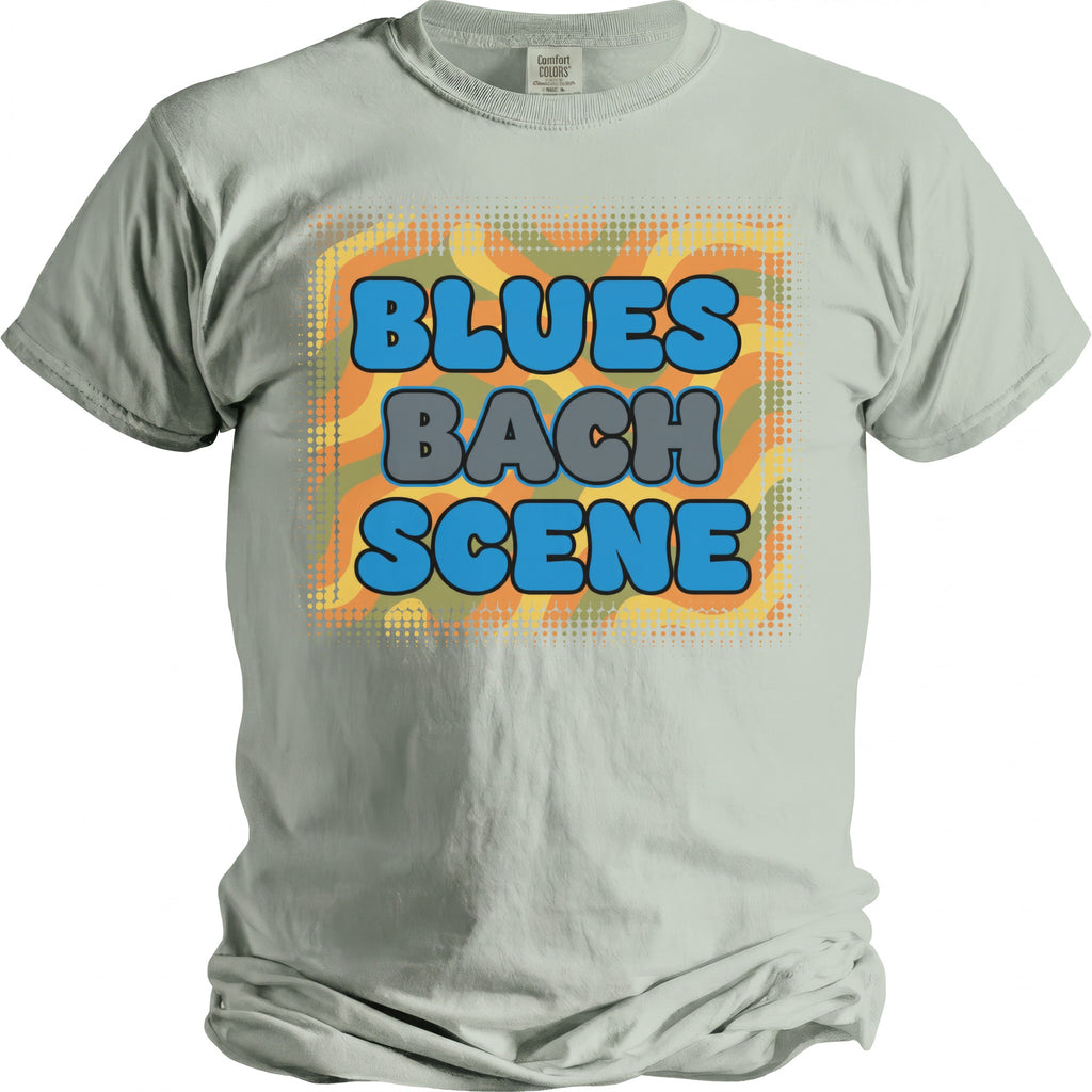 Light gray t-shirt with "BLUES BACH SCENE" text on a wavy, dotted background.