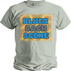 Light gray t-shirt with "BLUES BACH SCENE" text on a wavy, dotted background.