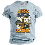 Light blue t-shirt with "Jazz Bach Scene" graphic featuring a saxophone and amplifier.