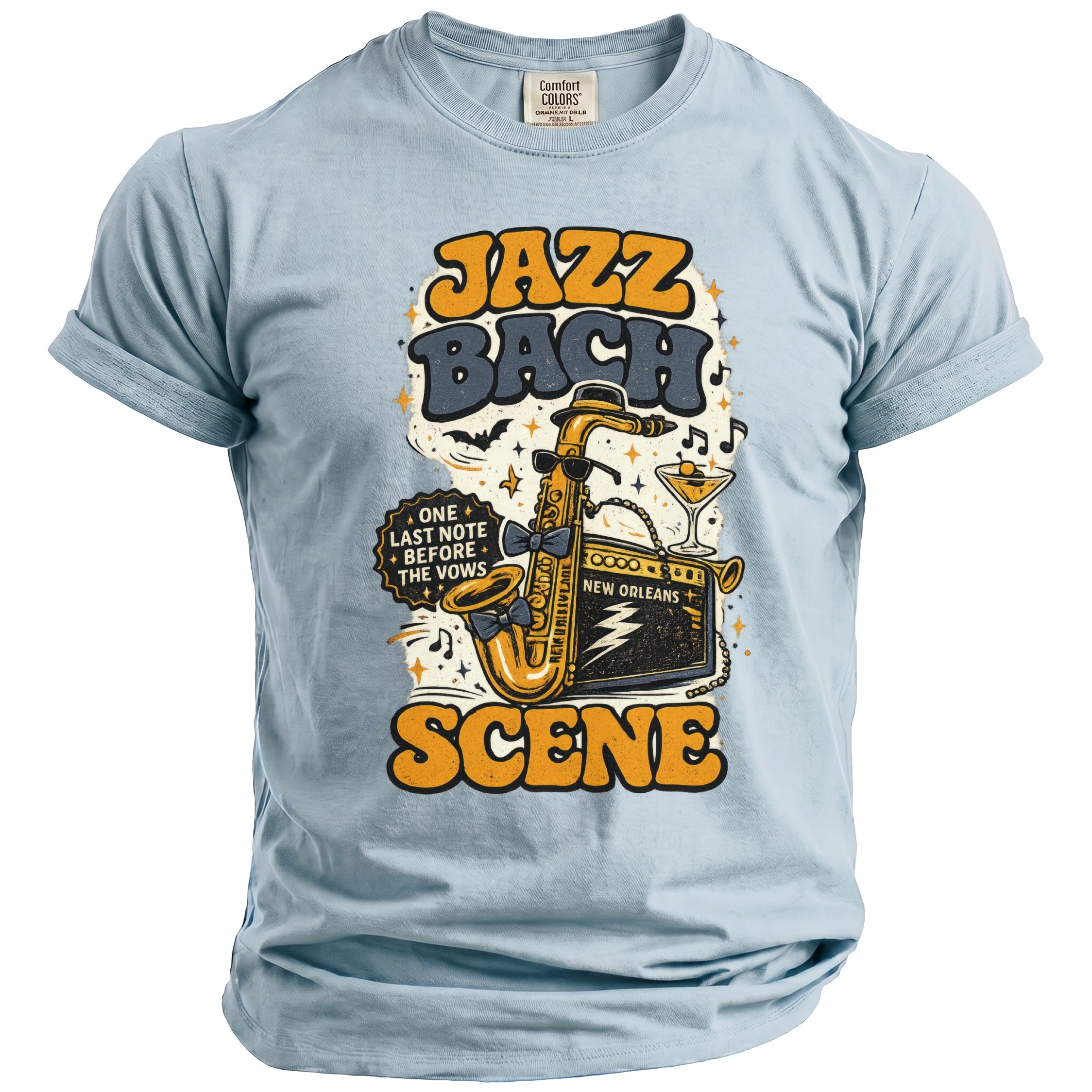 Light blue t-shirt with "Jazz Bach Scene" graphic featuring a saxophone and amplifier.