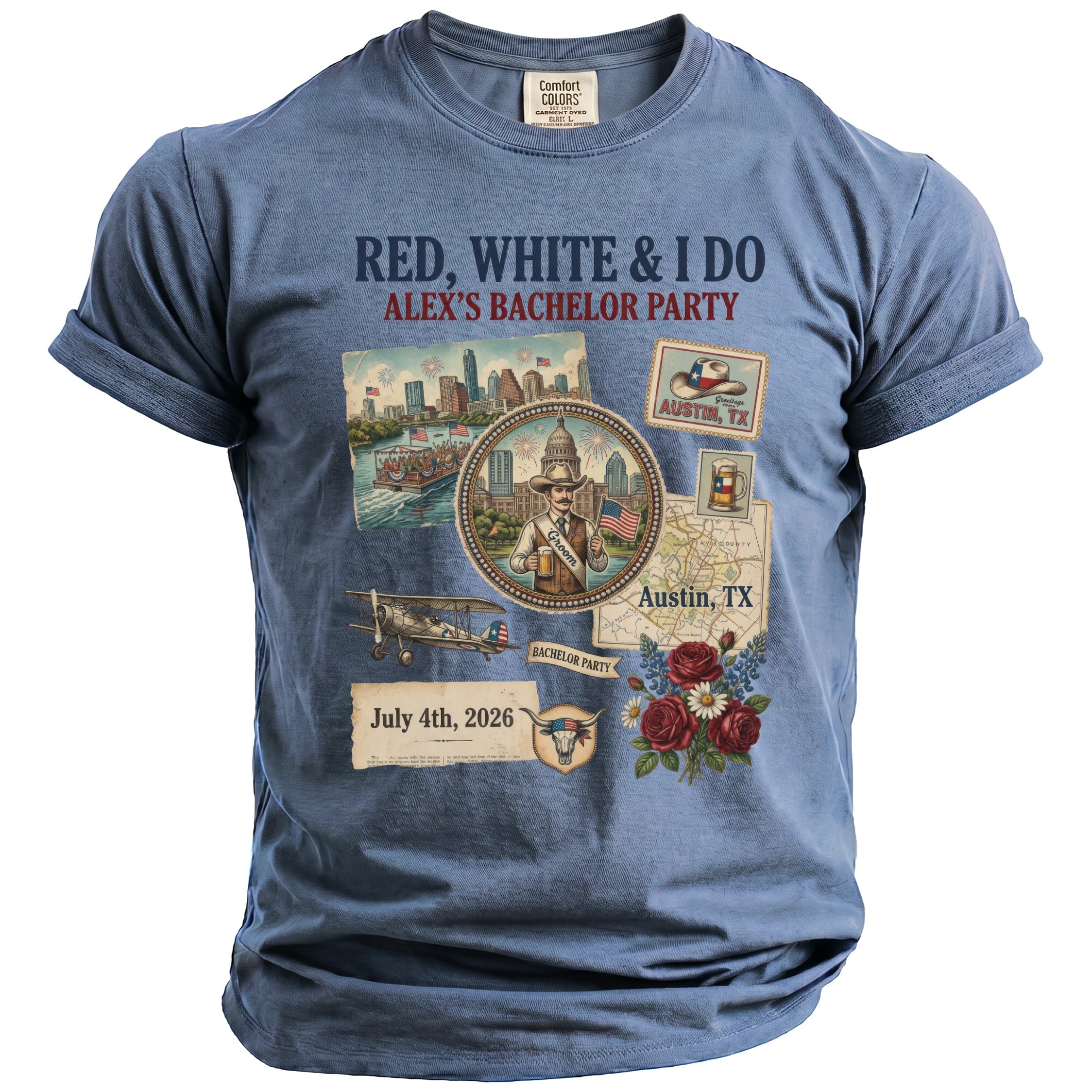 Red, White & I Do Alex's Bachelor Party July 4th, 2026 Austin, TX graphic tee.