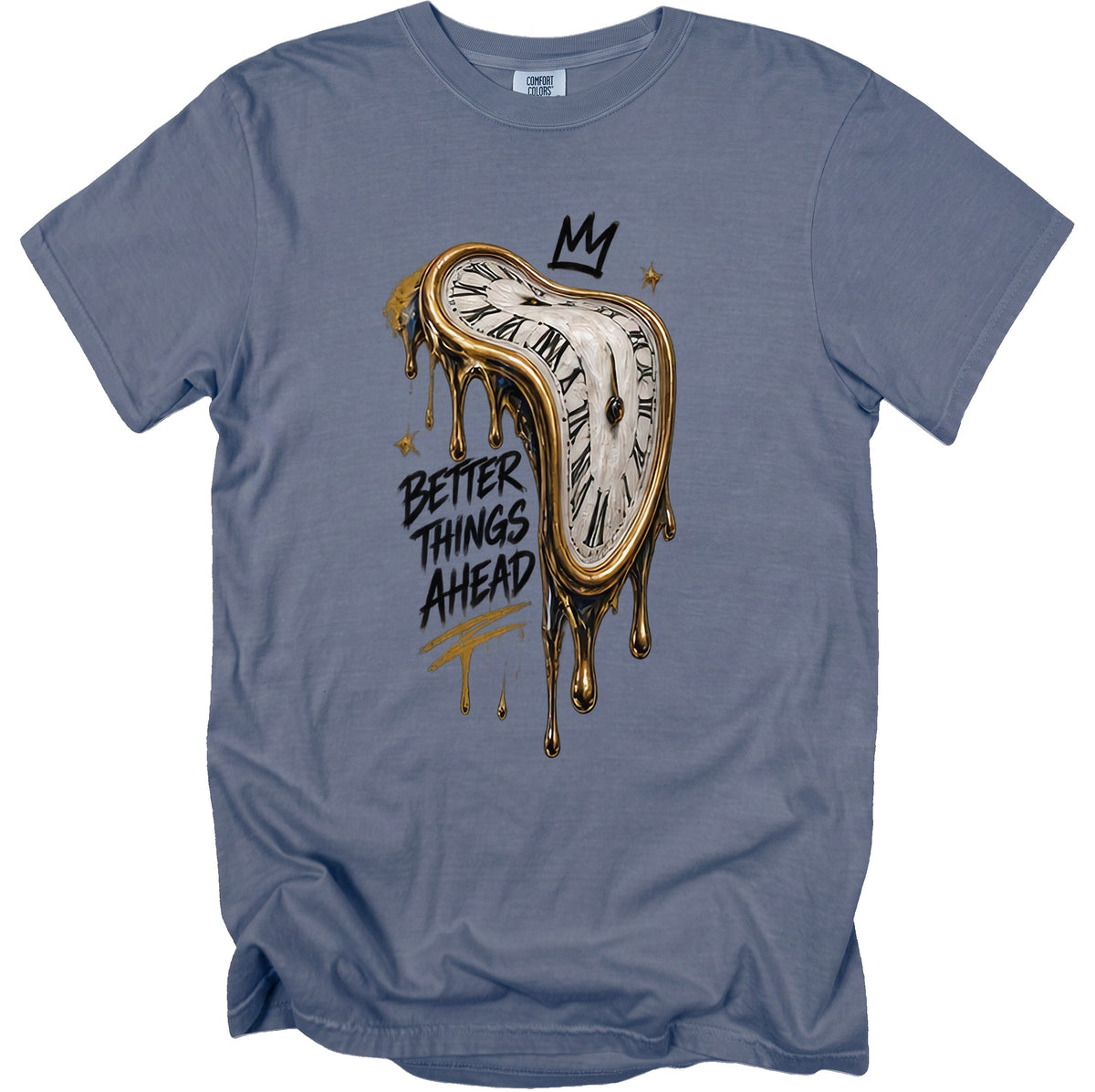 Grey t-shirt with melting clock graphic and "Better Things Ahead" text.
