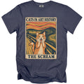 Cat "The Scream" artwork with text "Cats in Art History" and "The Scream" on a shirt.