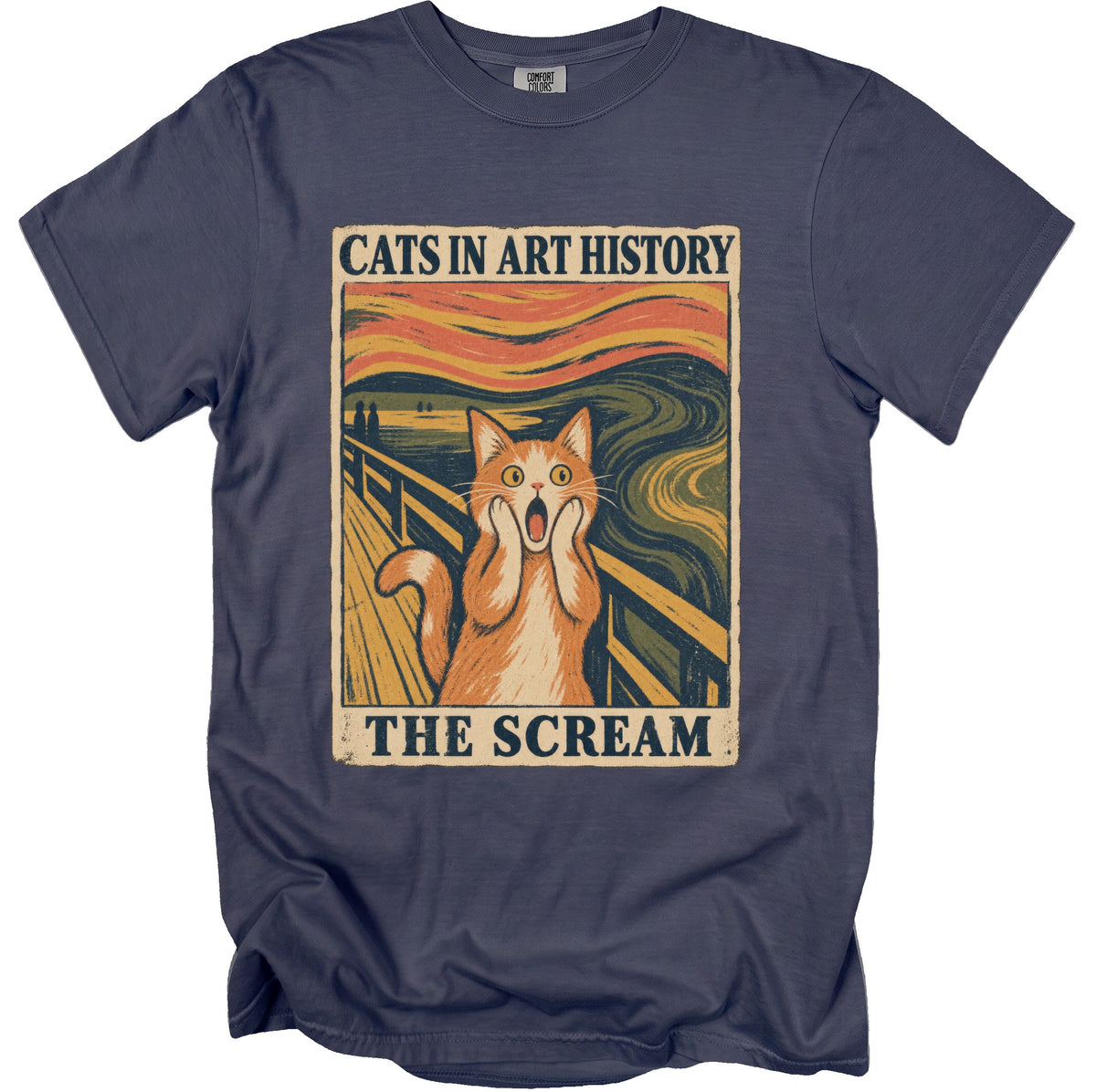 Cat "The Scream" artwork with text "Cats in Art History" and "The Scream" on a shirt.