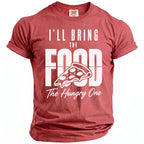 Red t-shirt with "I'LL BRING THE FOOD The Hungry One" and pizza slice graphic.
